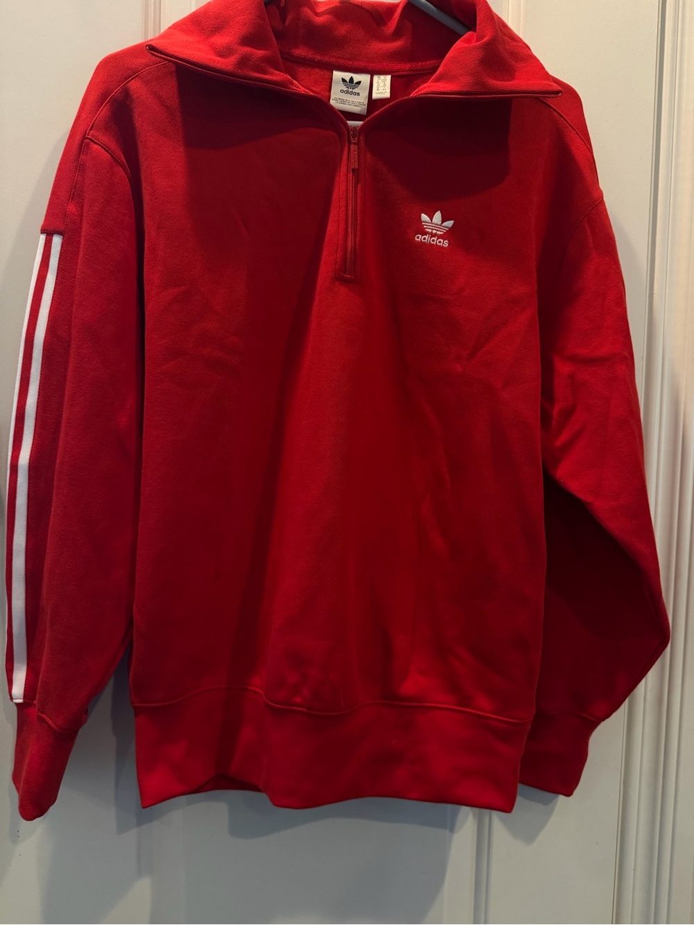 Vintage Adidas Red Men's Quarter-Zip Track Sweater with White Stripes